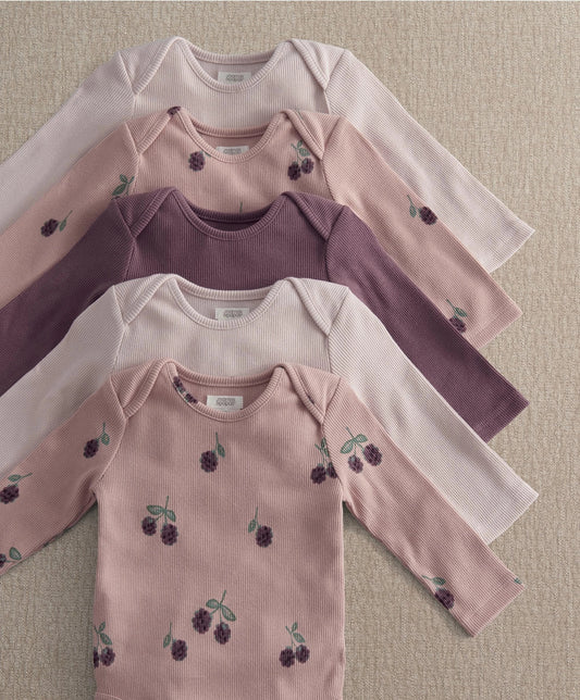 5-pack baby bodysuits: pale pink, plum purple, and light pink with berry print