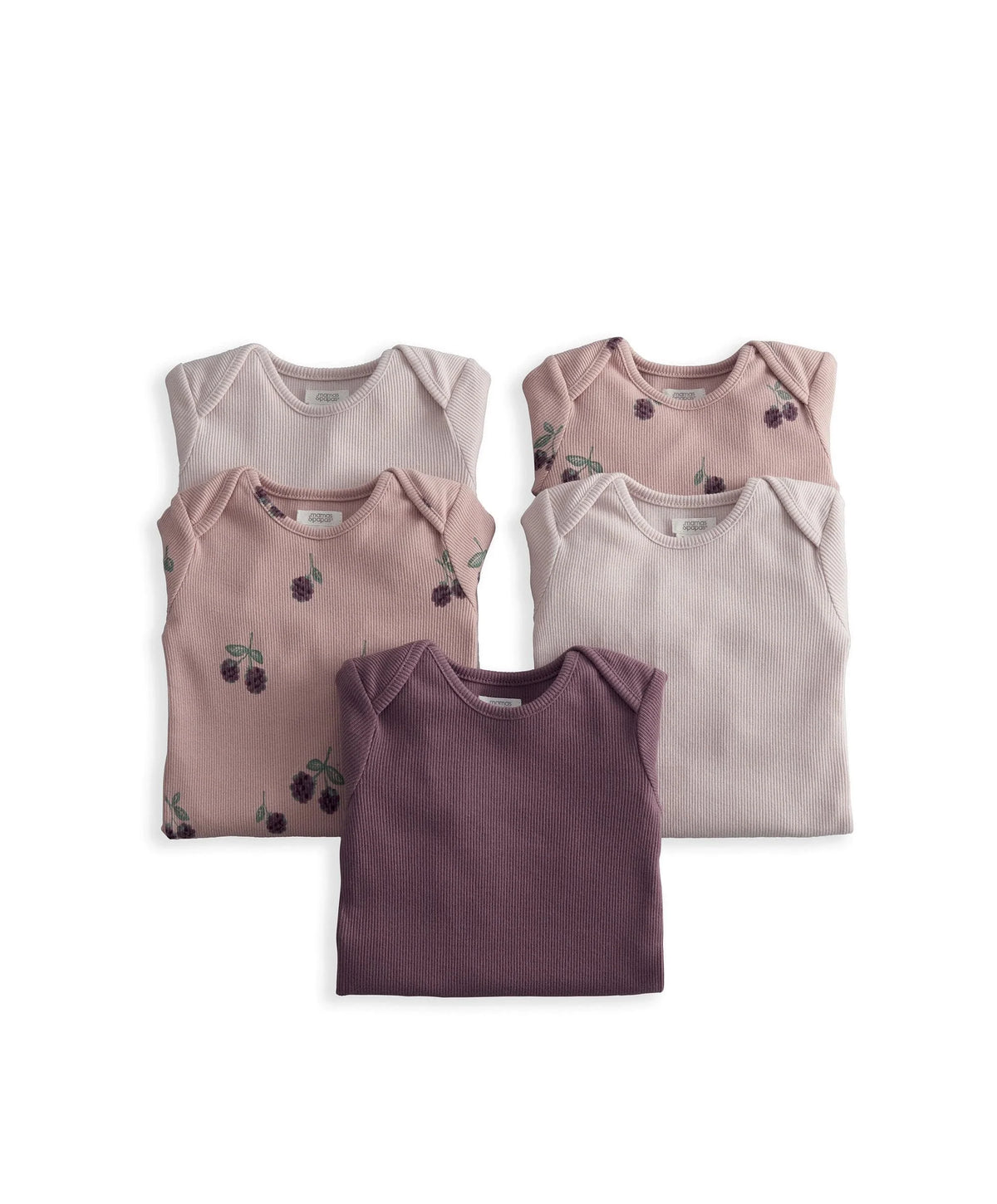 5-pack baby bodysuits: white, pale pink, and plum purple, plus berry-and-leaf print