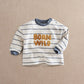 Striped long-sleeve T-shirt with snap button neck and 'Born Wild' lettering