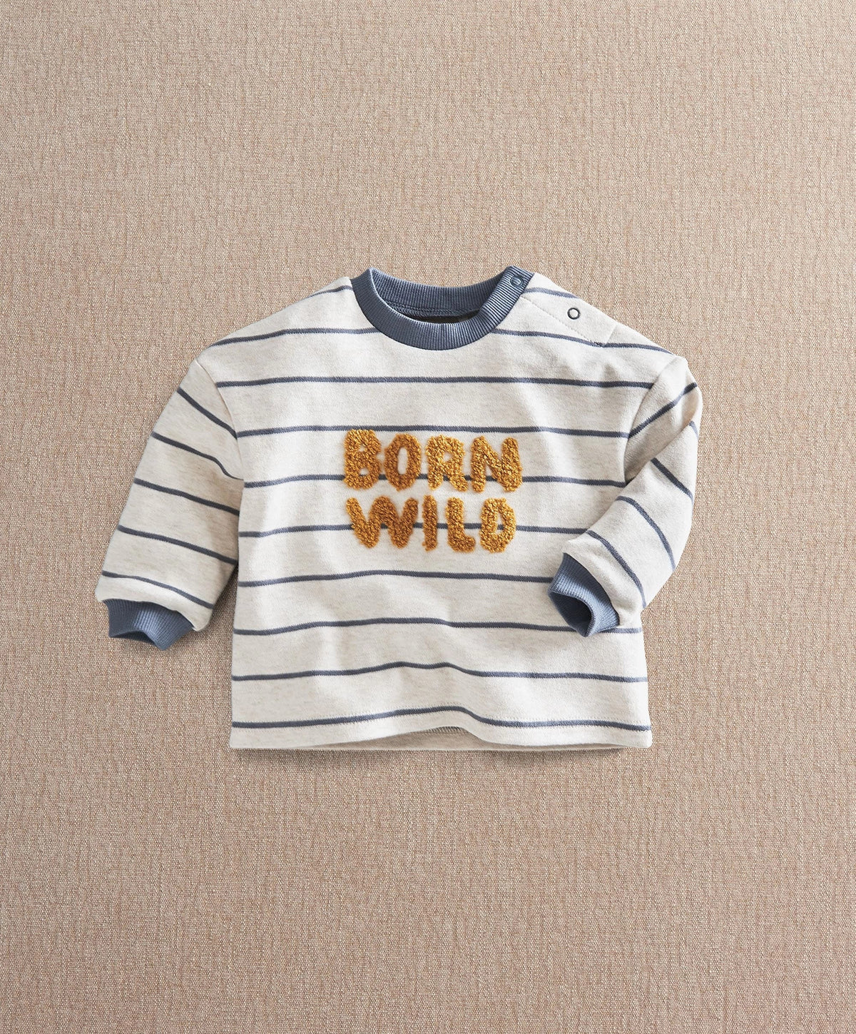 Striped long-sleeve T-shirt with snap button neck and 'Born Wild' lettering