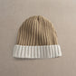 Brown and white ribbed knit beanie with folded cuff