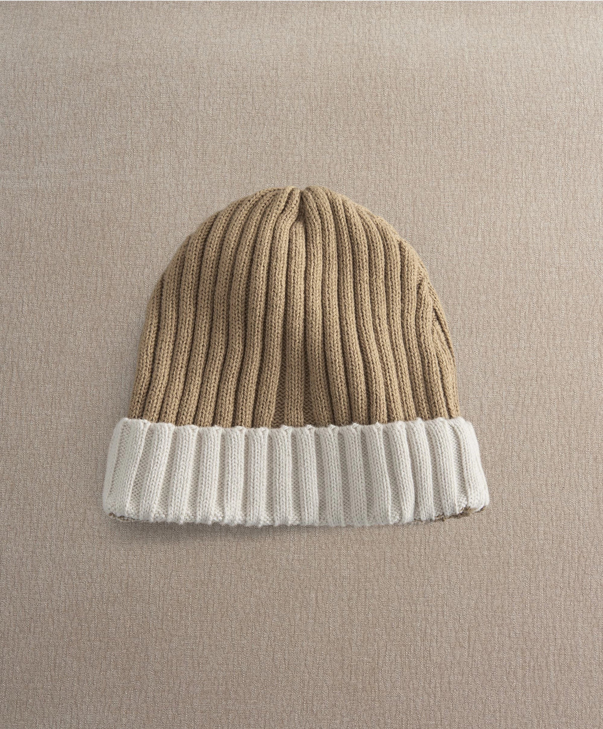 Brown and white ribbed knit beanie with folded cuff