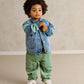 Green cord trousers for kids, elastic waist and gathered cuffs, full-length
