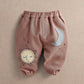Applique trousers, elastic waist, moon and sun applique with star details, dusty rose