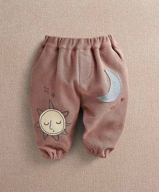 Applique trousers, elastic waist, moon and sun applique with star details, dusty rose