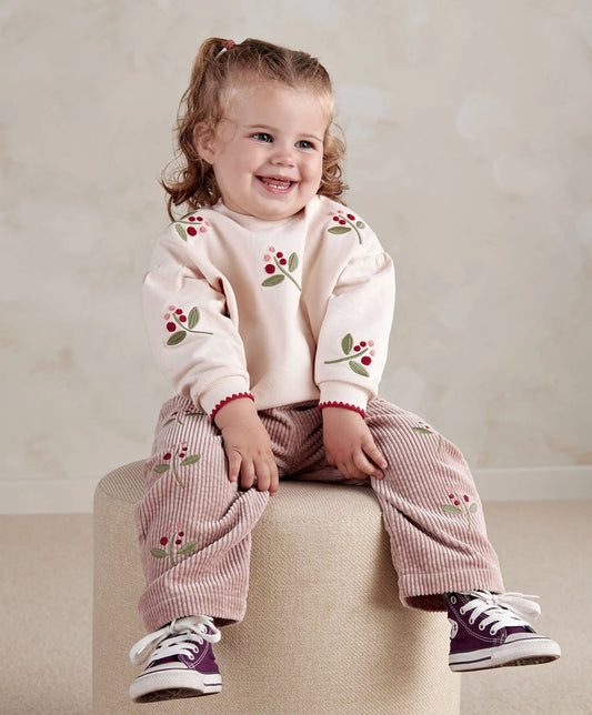 Cream baby sweatshirt with berry and leaf embroidery, ribbed cuffs and hem
