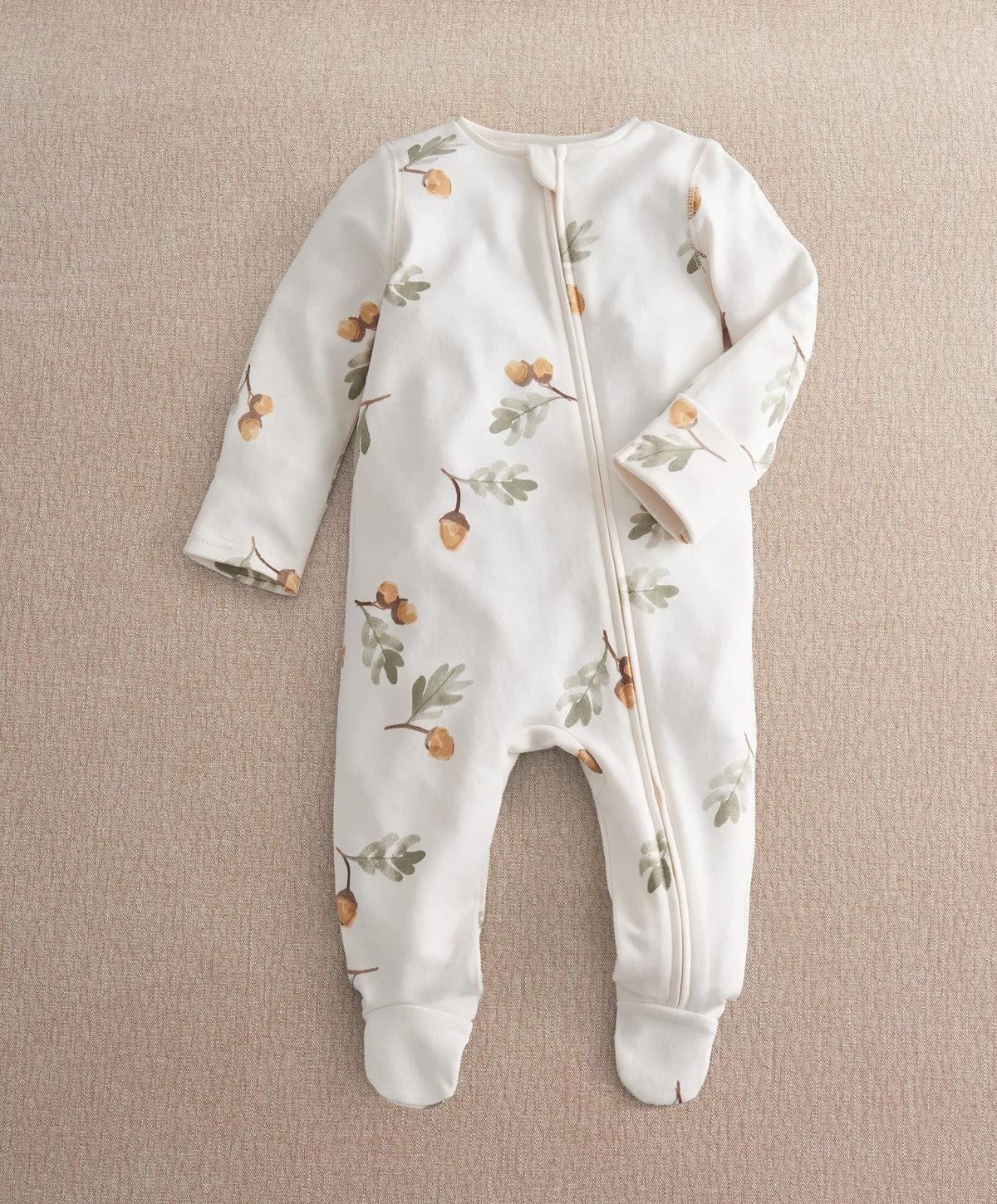 White acorn & leaf print zip-front baby all-in-one, long sleeves