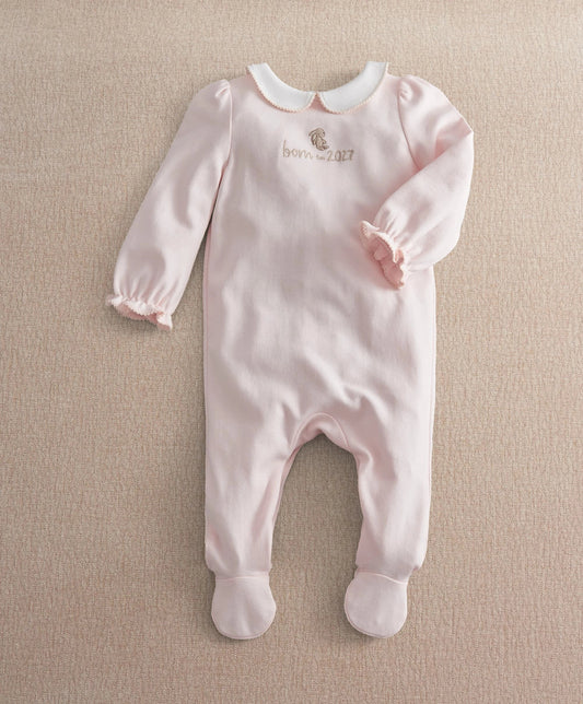 Pink footed baby onesie with long sleeves and embroidered 'born in 2027' on front
