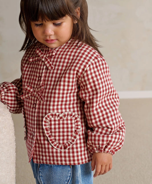 Red gingham jacket with bow front and heart patch pocket