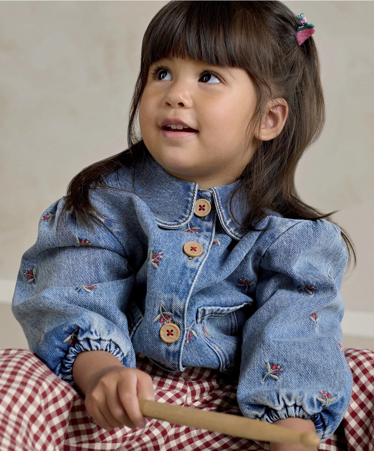 Denim jacket with button front and embroidered motifs, light blue, toddler wearing