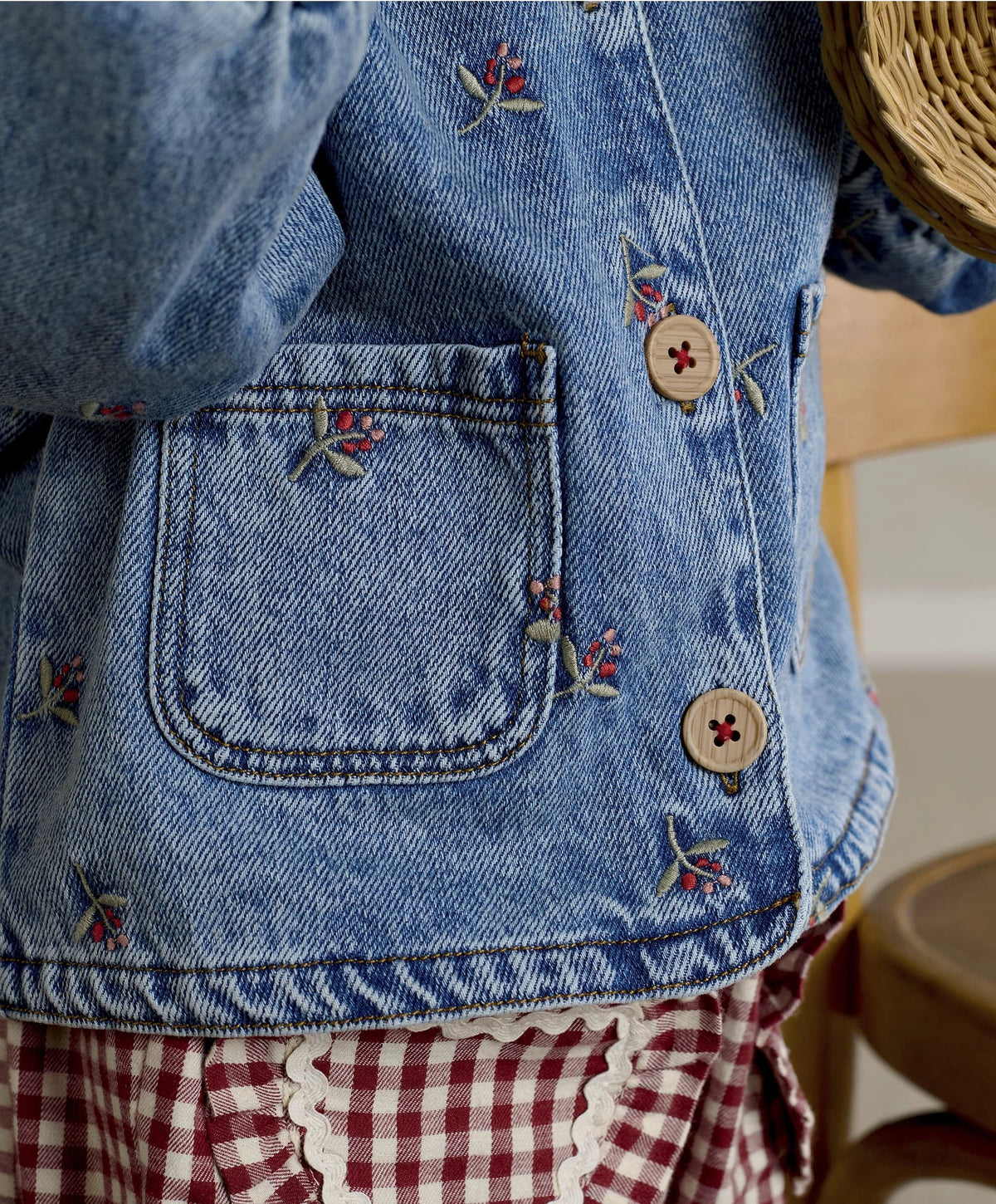 Light blue denim jacket close-up with chest pocket, button placket, embroidered motifs