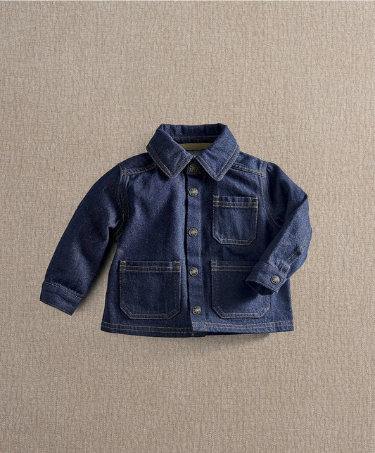 Dark blue denim jacket with button front, classic collar, two chest pockets