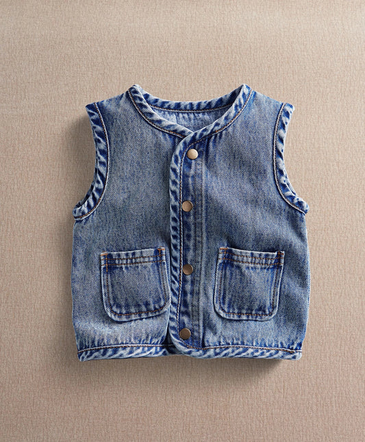 Blue denim sleeveless gilet with button front and two chest pockets