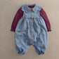 Denim dungarees with ribbed burgundy sleeves, embroidered bows, button front, snap legs
