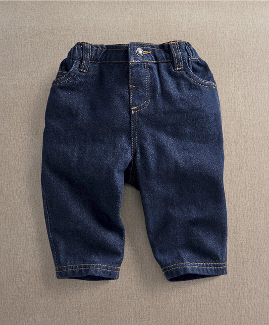 Relaxed-fit dark blue jeans with elastic waist and cuffed hems