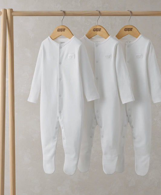 White long-sleeve sleepsuits, snap-button front, hanging pack of three