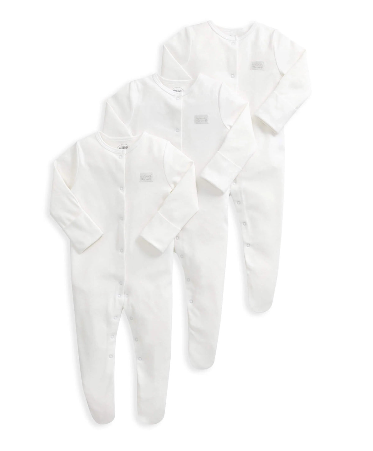 White long-sleeve sleepsuits set of three with snap-button front