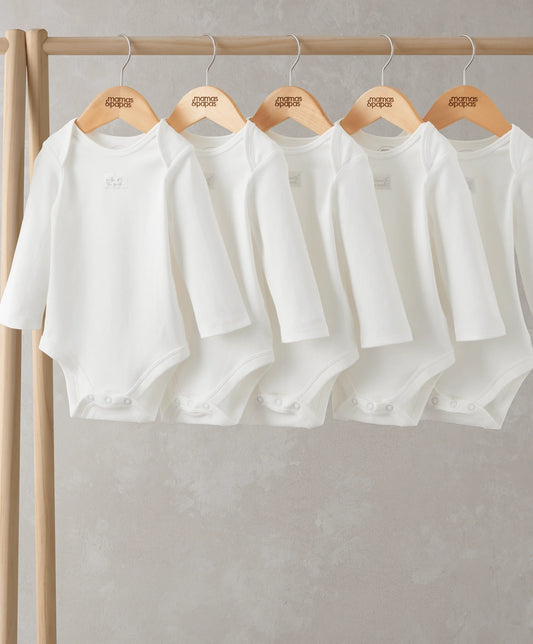 White long-sleeve bodysuit 5-pack on hangers, round neck and snap crotch