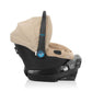 Infant car seat with beige canopy and black base, side view.