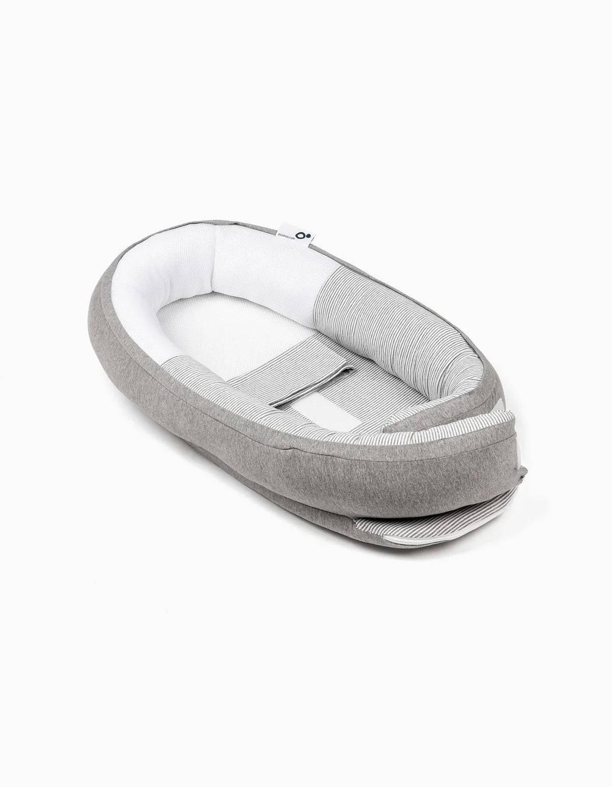 Grey baby cocoon nest with white inner cushion and striped side bolsters