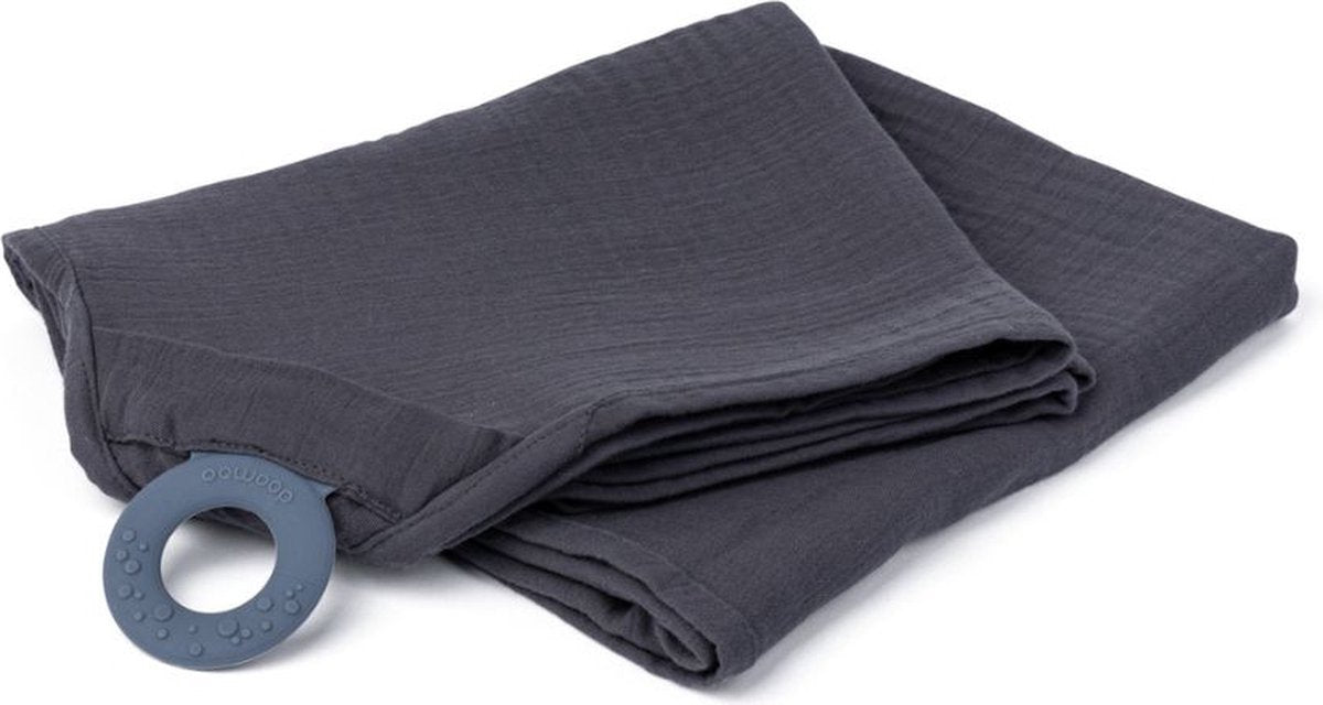 Grey tetra breastfeeding cloth folded with a teether ring