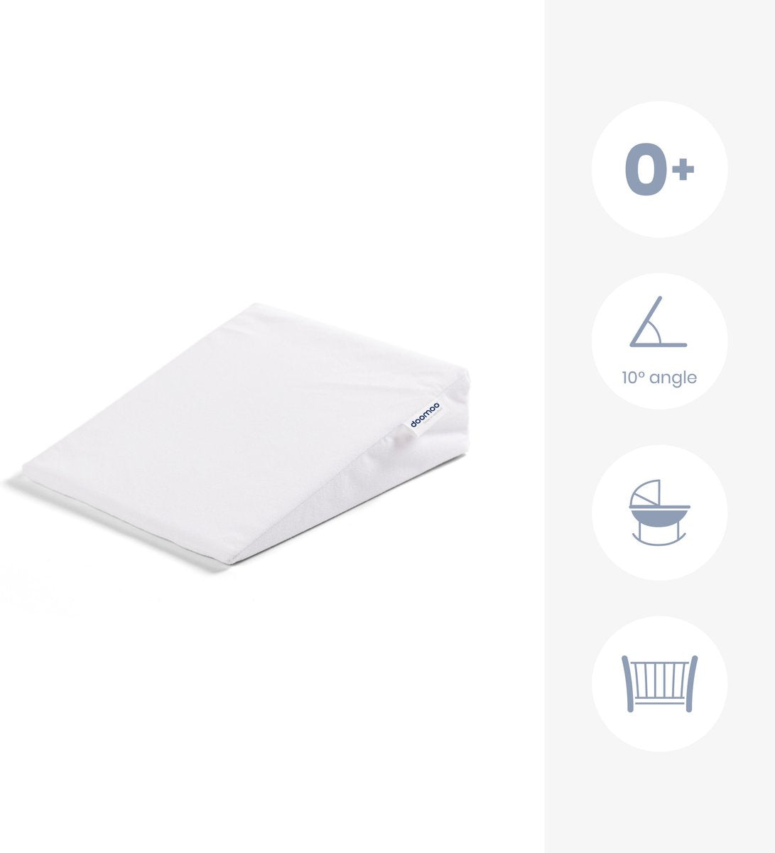 Small baby rest pillow with smooth white cover and stitched edges, folded view