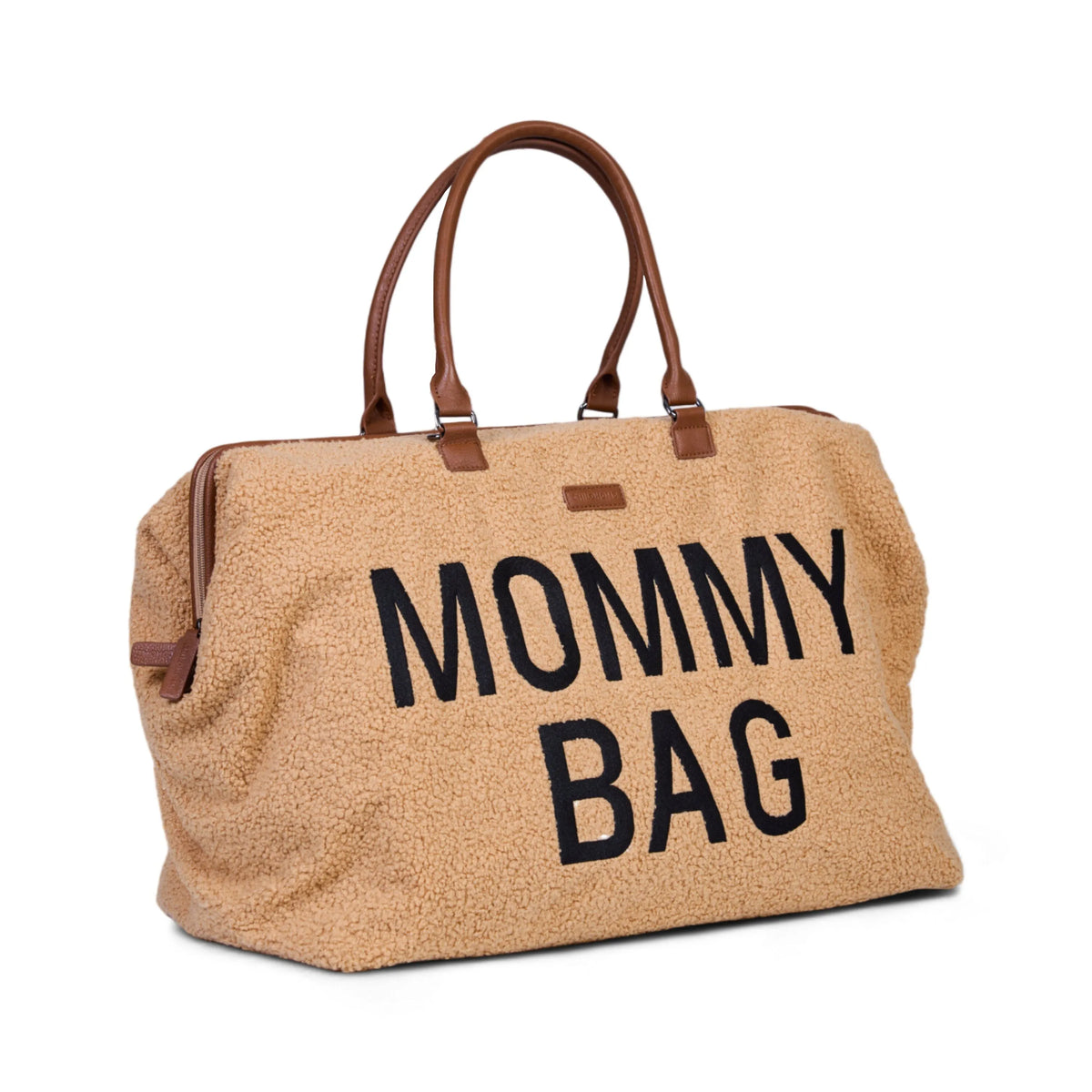 Brown teddy tote bag with top handles, front pocket, and 'MOMMY BAG' print