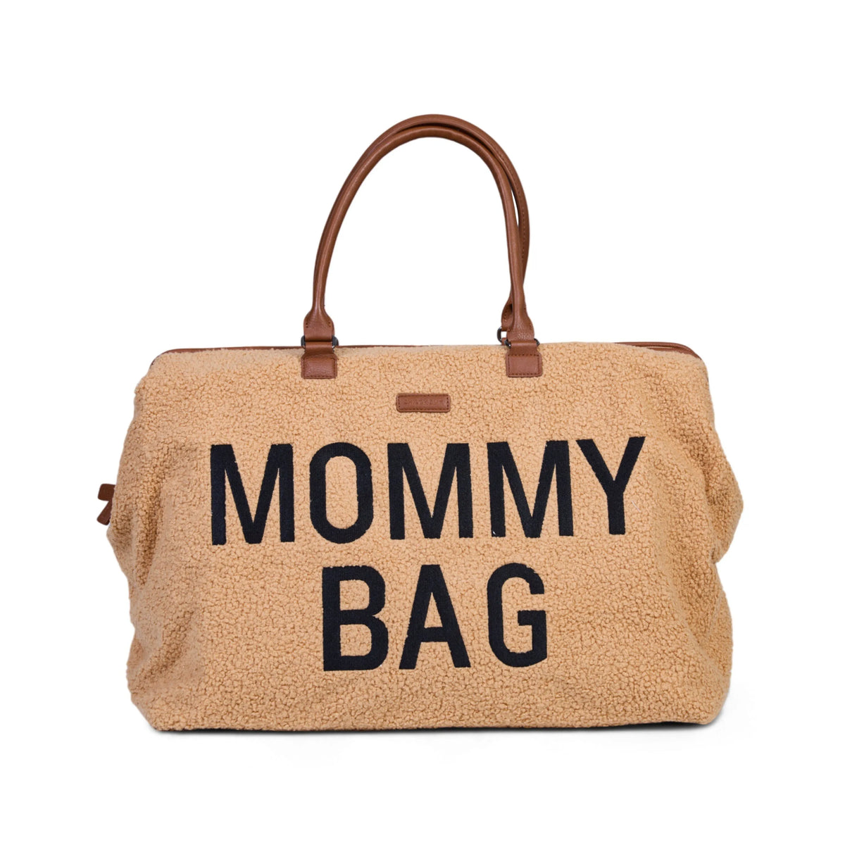 Brown teddy nursery tote with top handles and 'MOMMY BAG' lettering