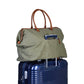 Canvas mommy bag in kaki green, open top with organizer pocket and blue base