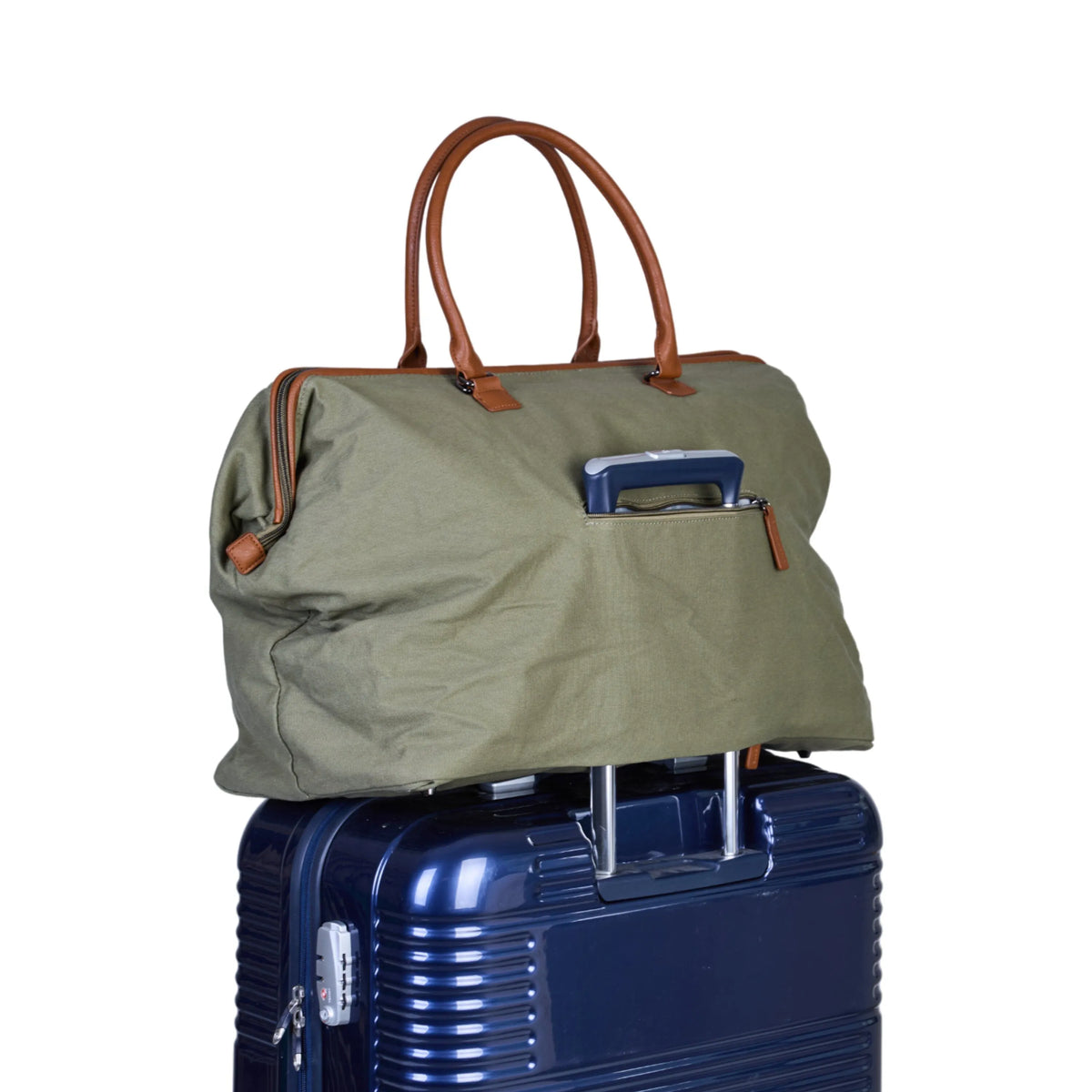 Canvas mommy bag in kaki green, open top with organizer pocket and blue base
