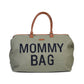 Canvas mommy bag in kaki green with brown handles and MOMMY BAG print