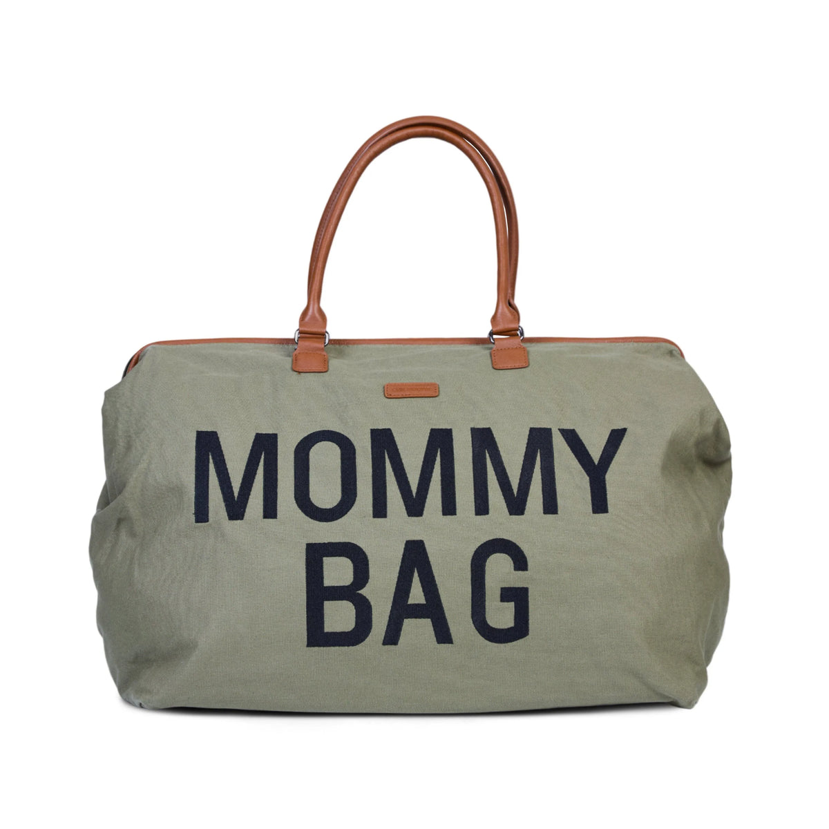 Canvas mommy bag in kaki green with brown handles and MOMMY BAG print