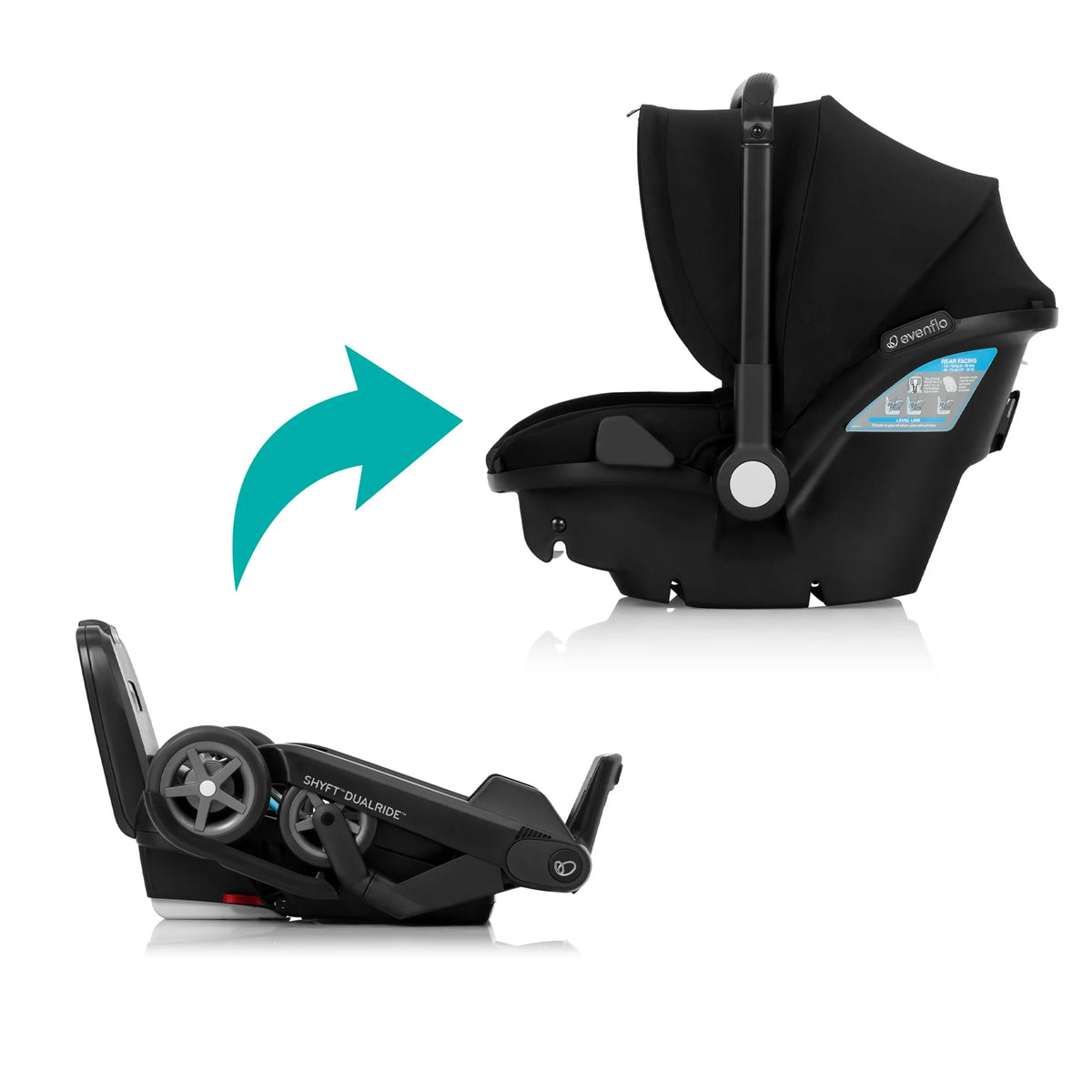 Black car seat and stroller combo with two positions, wheels shown, angled view