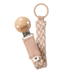 Woven pacifier clip with blush-and-ivory strap, BIBS tag, and metal clasp