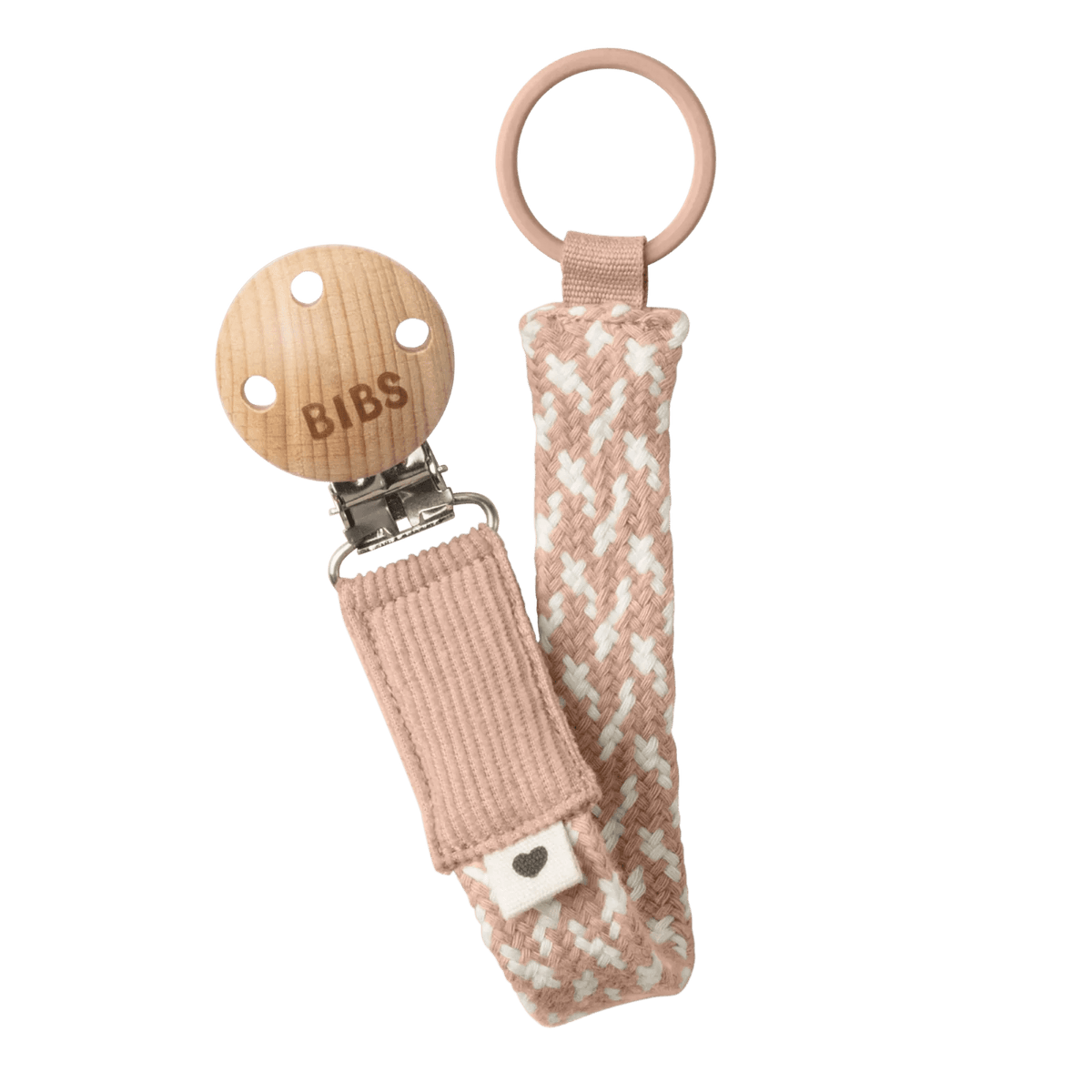 Woven pacifier clip with blush-and-ivory strap, BIBS tag, and metal clasp