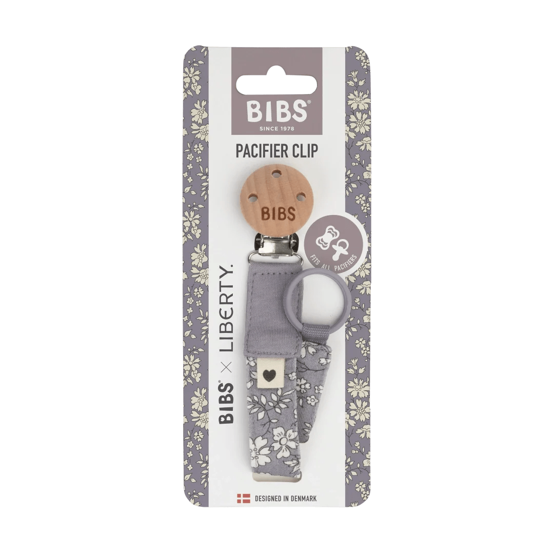 Liberty pacifier clip package with grey floral design.