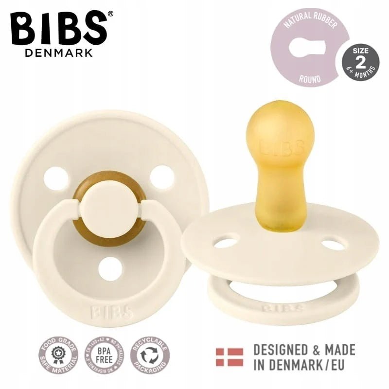 BIBS Denmark size 2 pacifier set in blush, round shield with gold ring