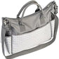 Grey diaper bag with adjustable strap, side zipper pocket, and striped patterned panel