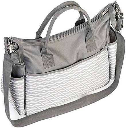 Grey diaper bag with adjustable strap, side zipper pocket, and striped patterned panel
