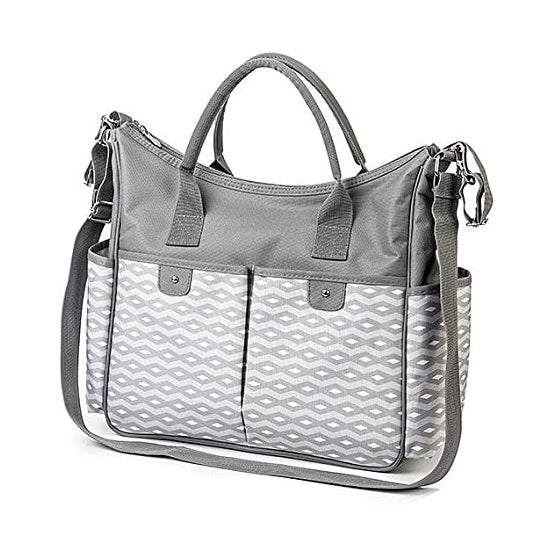 Grey diaper bag with top handles, zip closure, and patterned front pocket panel