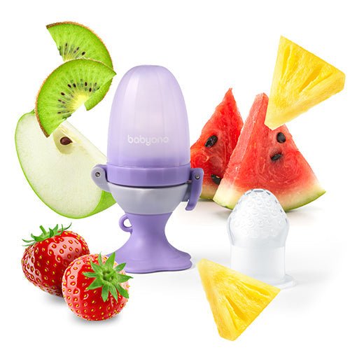 Lavender baby food feeder with side loop handle; shown with clear suction cap