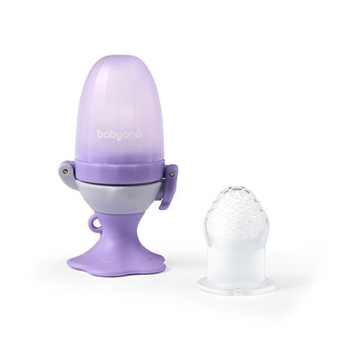 Purple baby food feeder with flower-like handle and protective fruit-teether cap