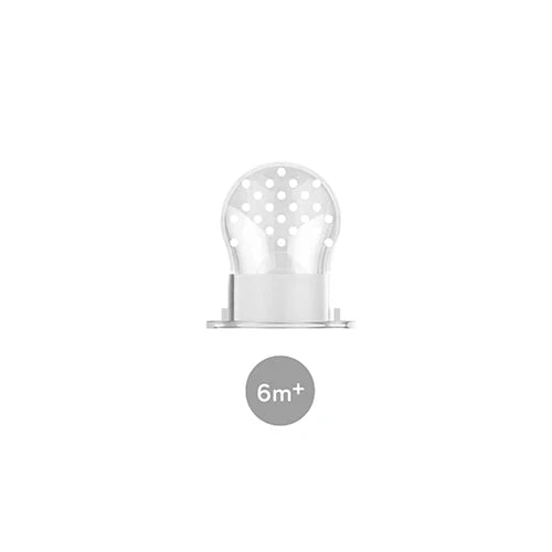 Baby food feeder with mesh twist top, clear plastic, 6m+ age label