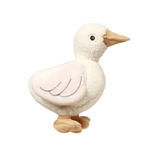 Plush goose stuffed animal with cream fuzzy body and tan beak, stitched feet