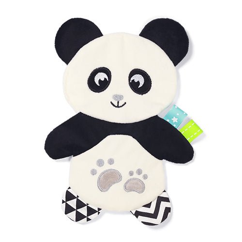 Flat cuddly panda plush toy, white face with black ears and paw prints, star tag