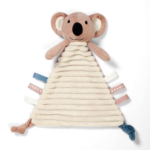 Koala cuddly flat toy, striped cream body with blue accents