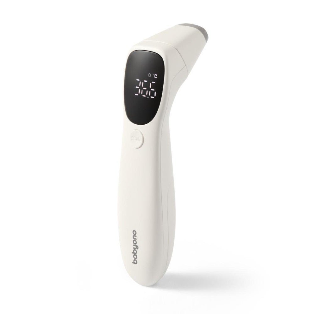 Non-contact infrared thermometer with digital display, white body and black sensor head