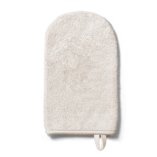 Natural bamboo wash mitt in light grey with looped hanging strap