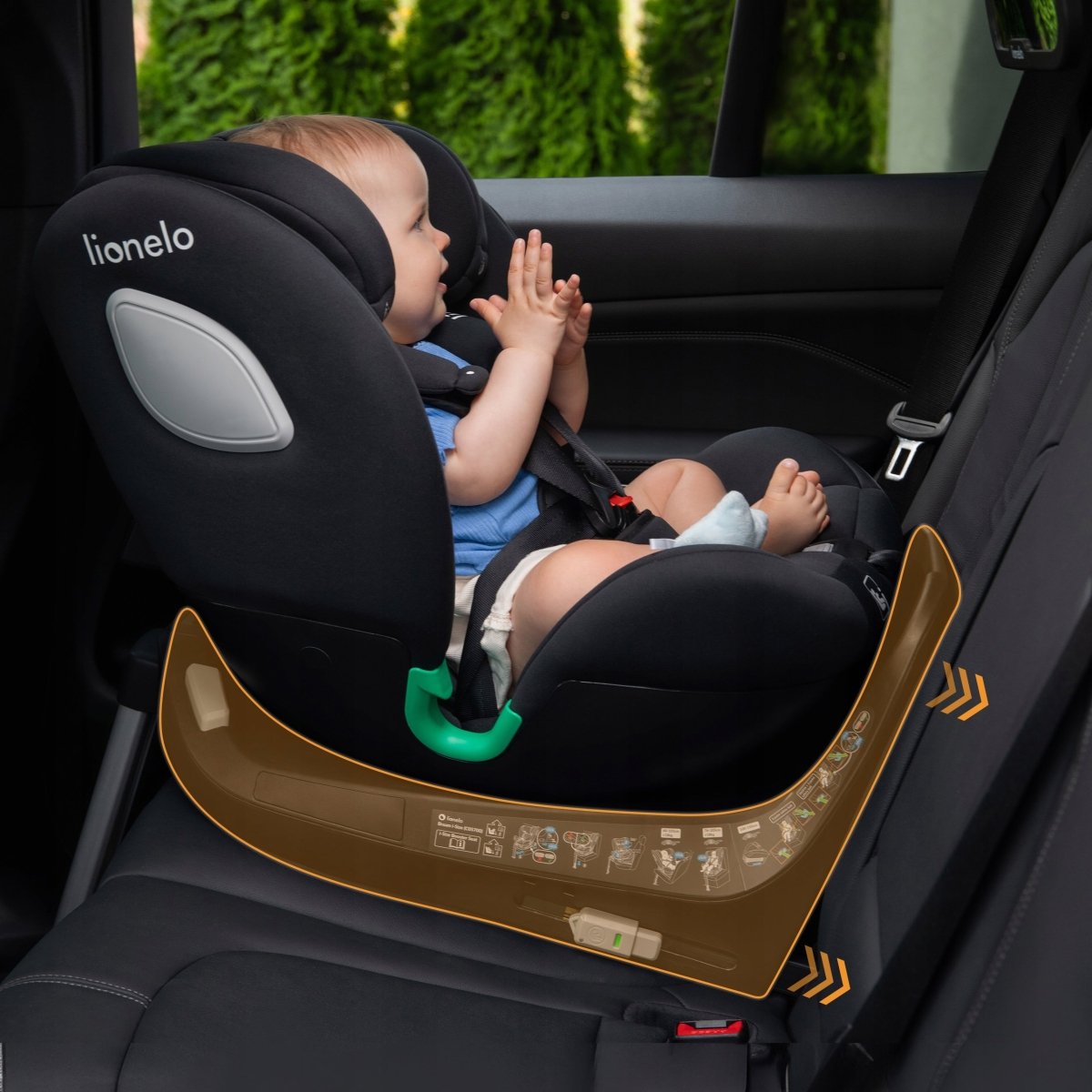 Black i-Size swivel car seat with side impact padding, harness visible, rear view