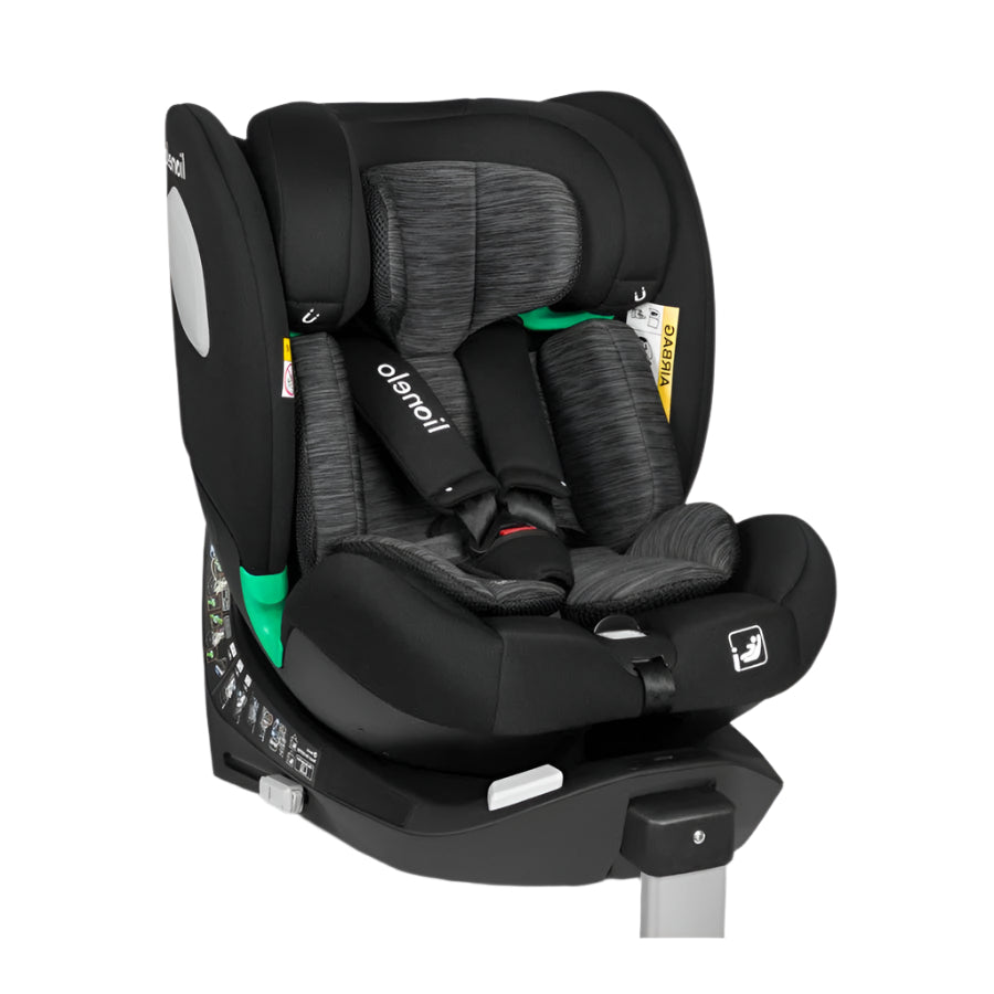 Black swivel car seat with padded harness and headrest, for 0–36kg